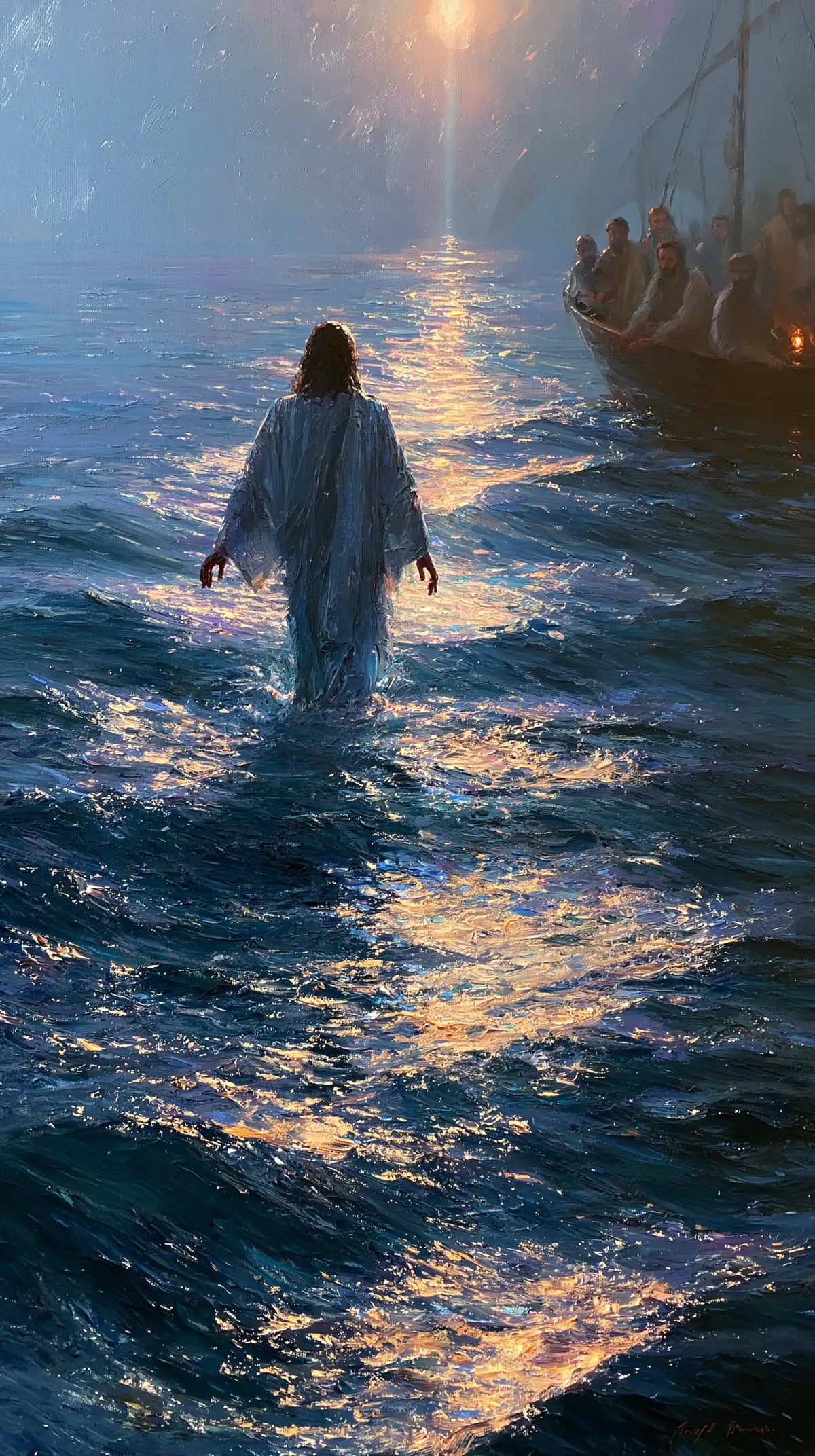 Jesus Walking on Water — The Golden Wake beneath the Veiled Sun