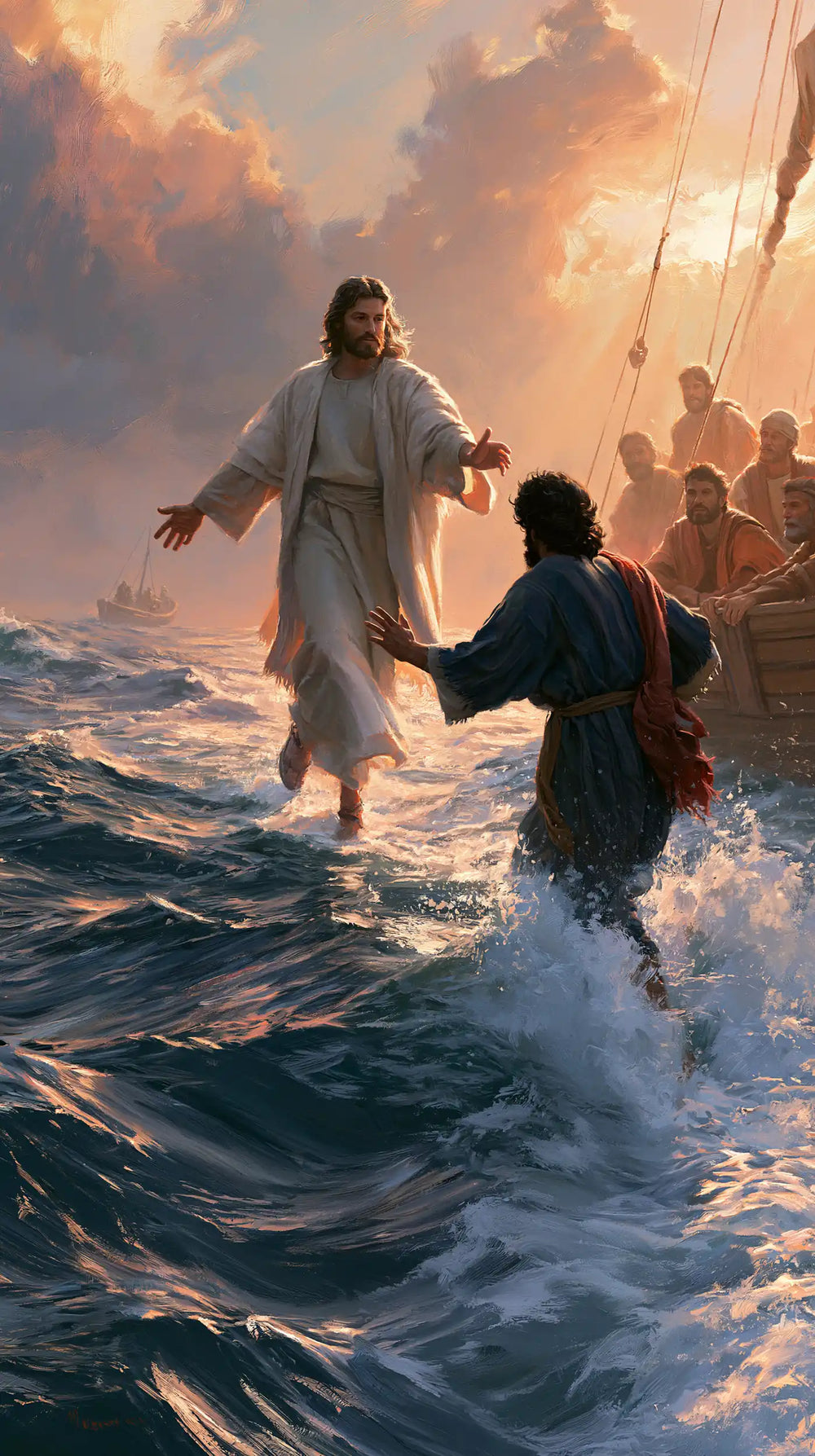 Jesus walking on water and calling Peter in Jesus Calls Peter style, portrait Christian artwork no. 7