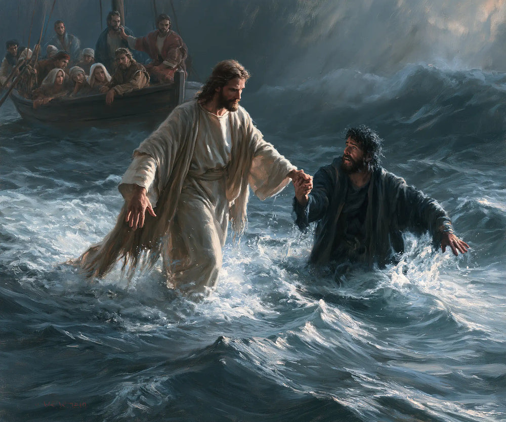 Jesus walking on water and saving Peter in Jesus Saves Peter style, landscape Christian artwork no. 2
