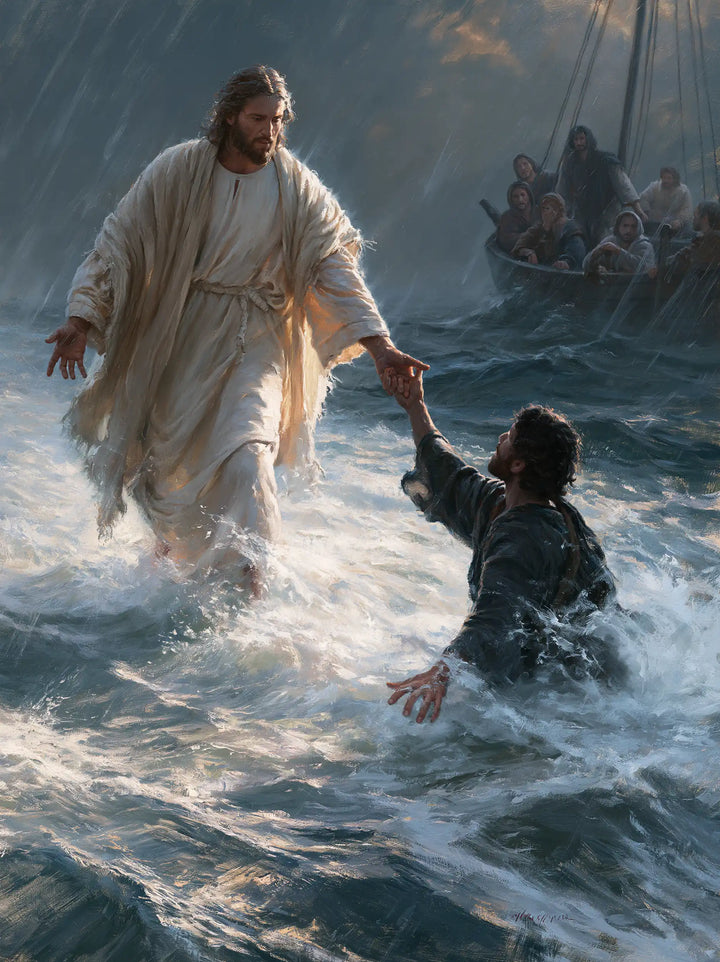 Jesus Walking on Water — The Raised Hand above Silver Foam