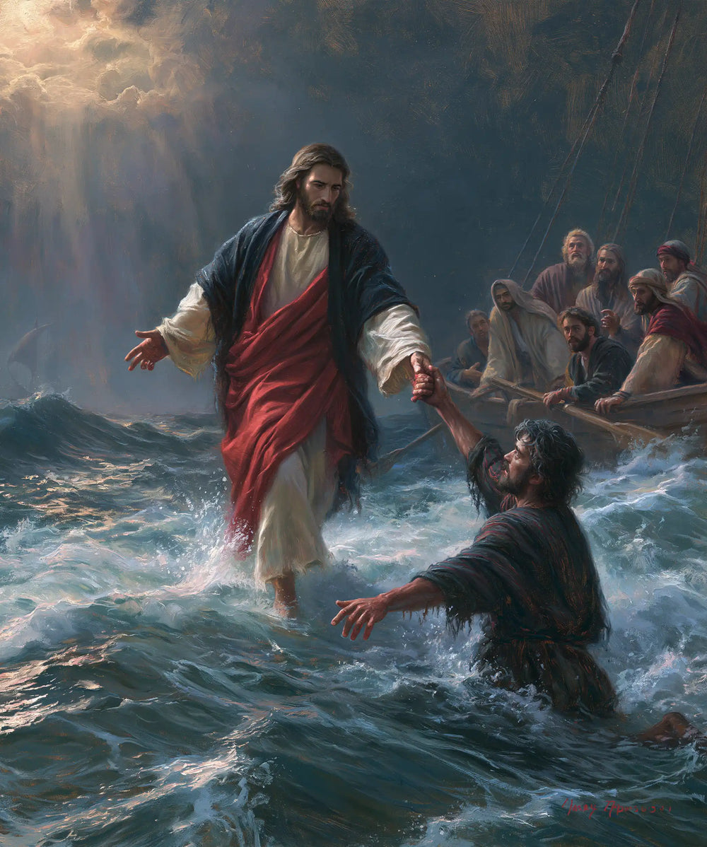 Jesus walking on water and saving Peter in Jesus Saves Peter style, portrait Christian artwork no. 20