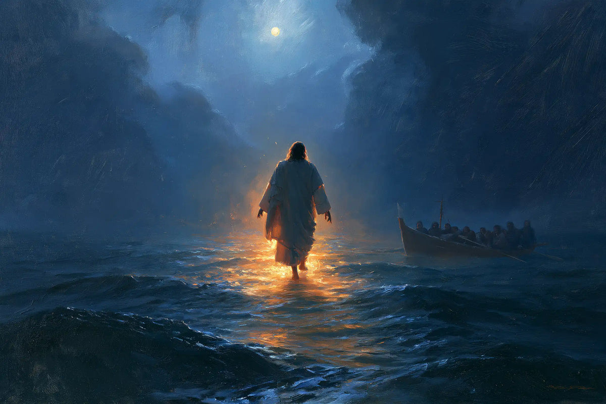 Jesus walking on water in Midnight Blue Chiaroscuro style, landscape Christian artwork no. 10