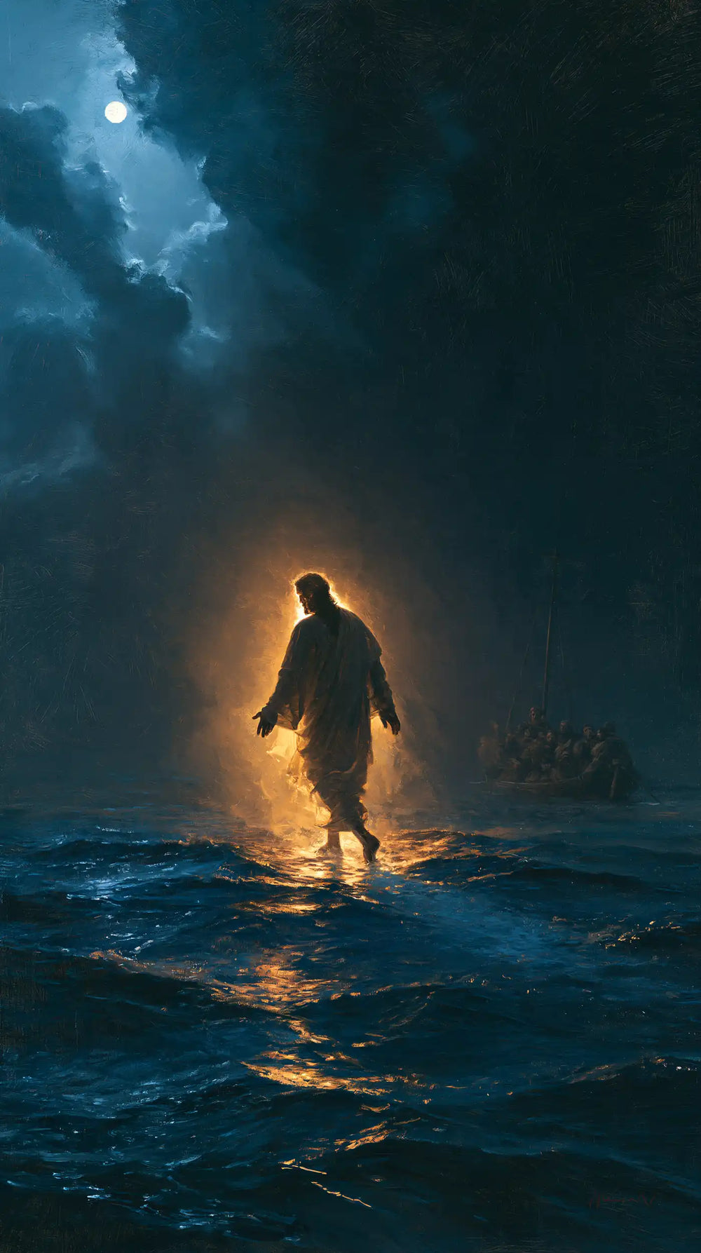 Jesus walking on water in Midnight Blue Chiaroscuro style, portrait Christian artwork no. 7