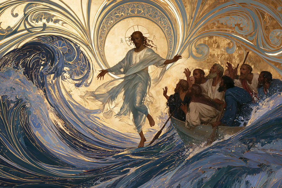 Jesus walking on water in Sacred Art Nouveau style, landscape Christian artwork no. 18