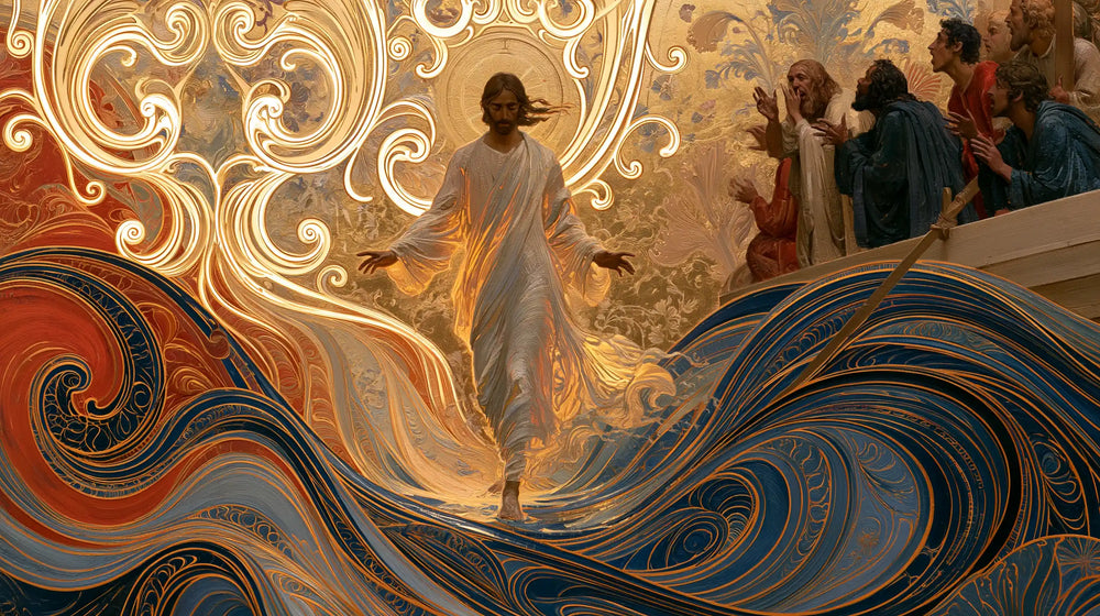 Jesus walking on water in Sacred Art Nouveau style, landscape Christian artwork no. 25