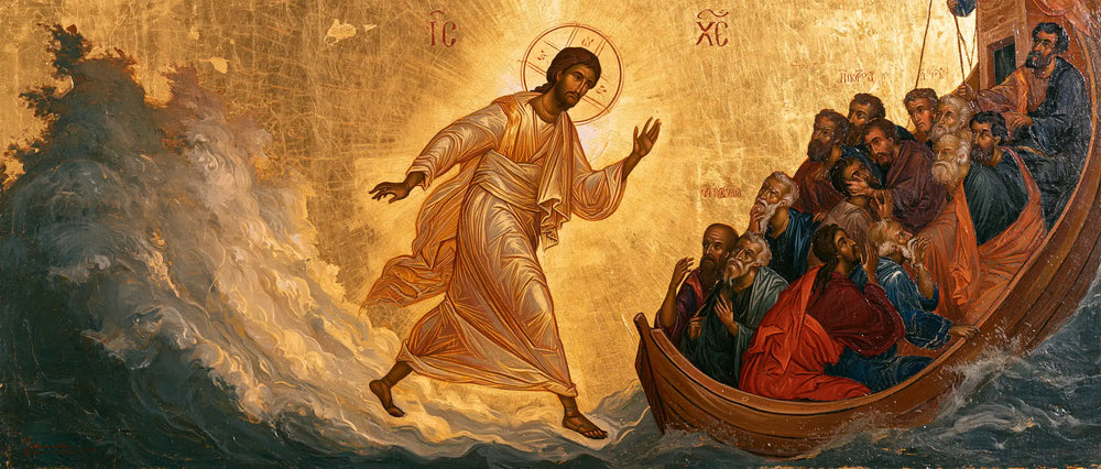 Jesus walking on water in Sacred Gold style, landscape Christian artwork no. 26