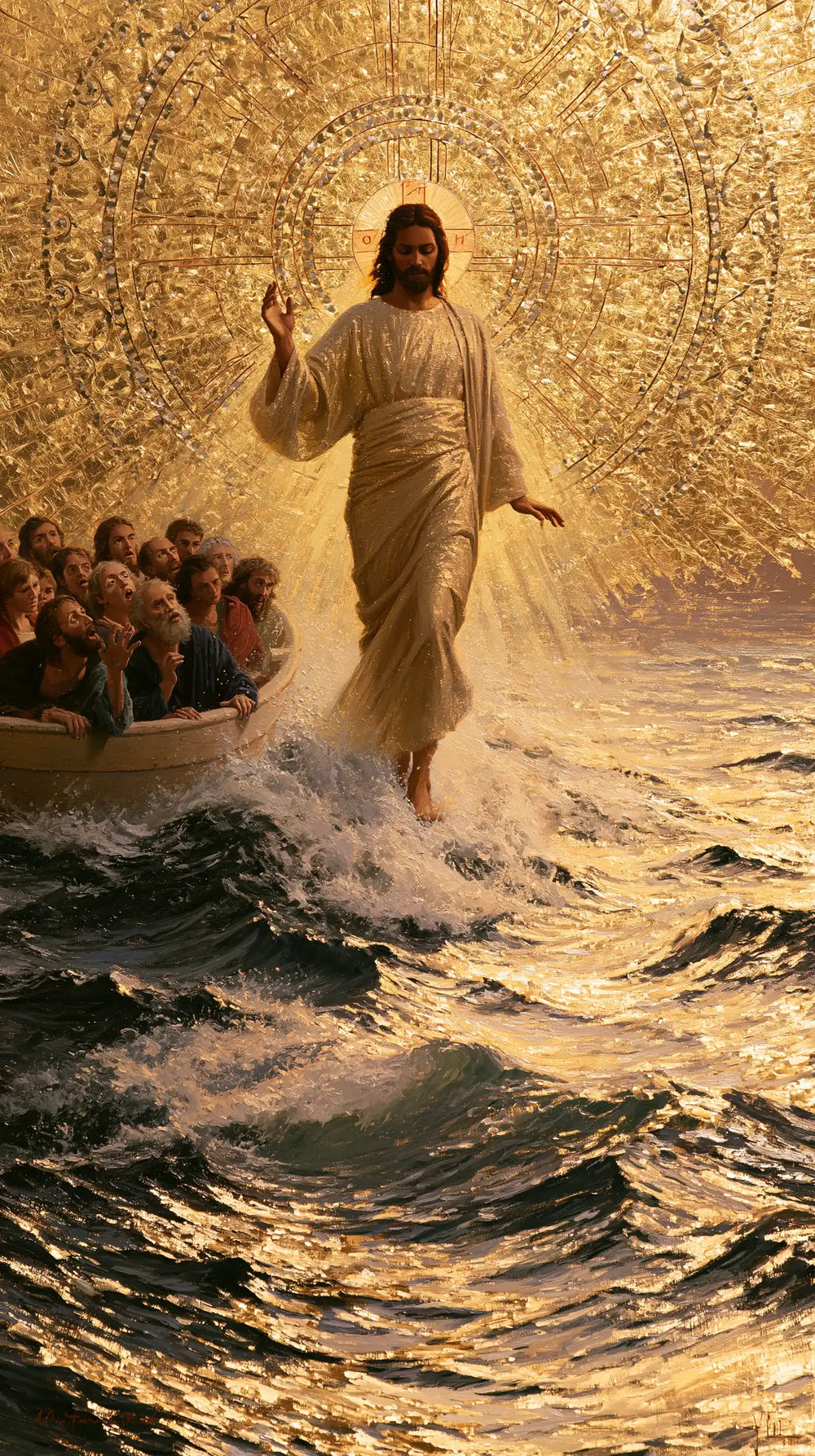 Jesus walking on water in Sacred Gold style, portrait Christian artwork no. 5