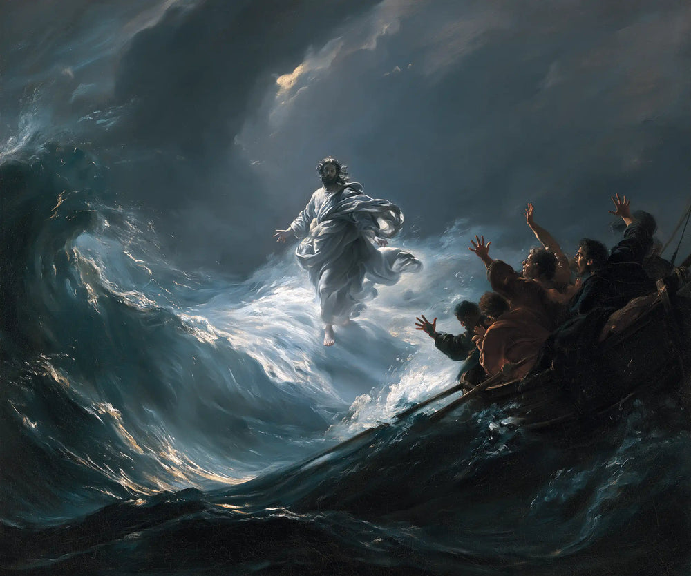 Jesus walking on water in Theatrical Baroque style, landscape Christian artwork no. 5
