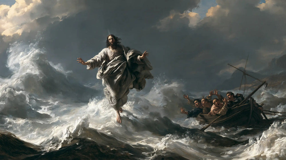 Jesus walking on water in Theatrical Baroque style, landscape Christian artwork no. 23