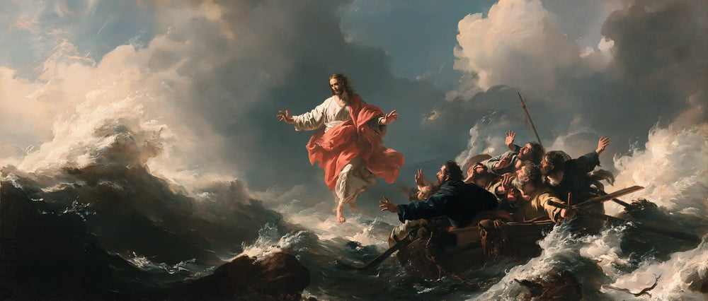 Jesus walking on water in Theatrical Baroque style, landscape Christian artwork no. 33