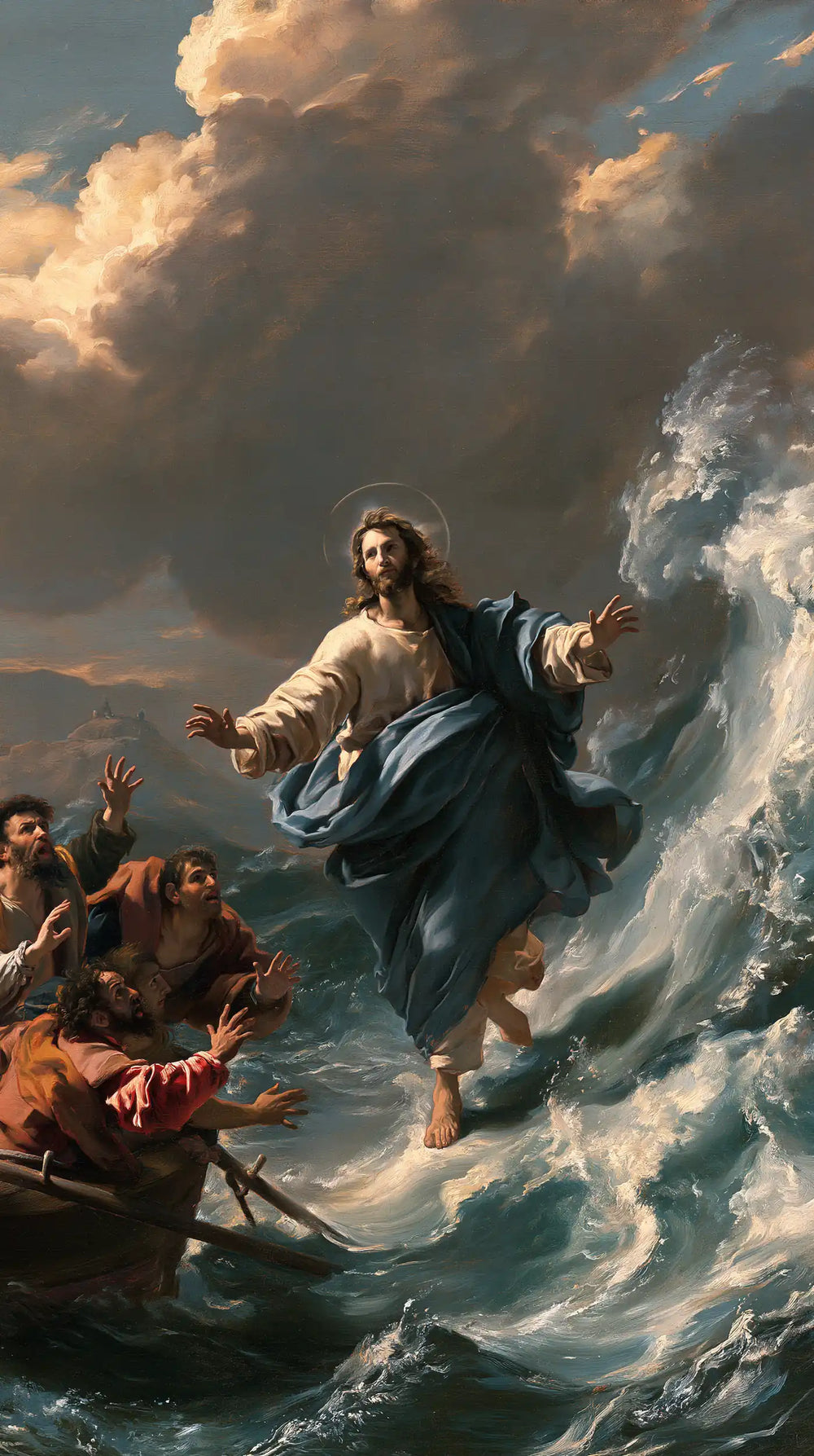 Jesus walking on water in Theatrical Baroque style, portrait Christian artwork no. 4
