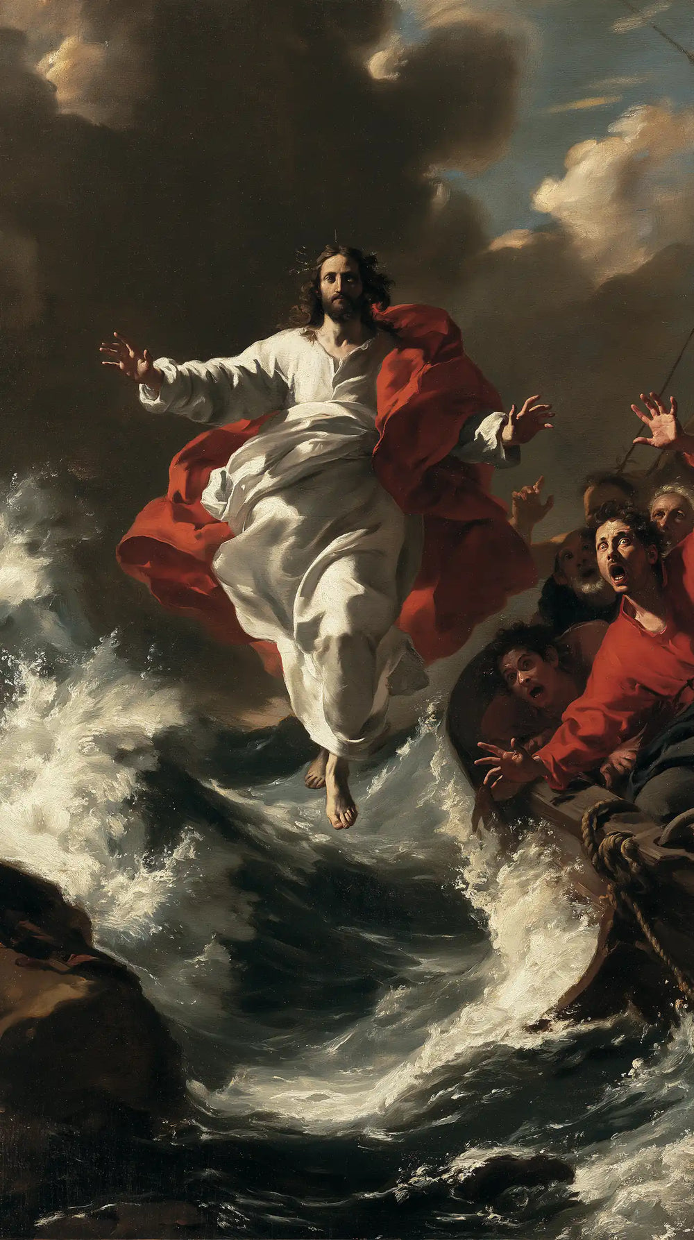 Jesus walking on water in Theatrical Baroque style, portrait Christian artwork no. 7