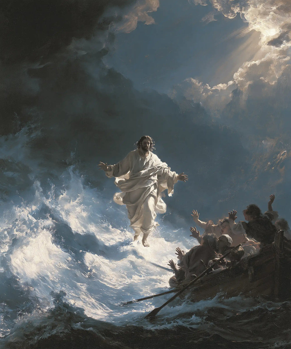 Jesus walking on water in Theatrical Baroque style, portrait Christian artwork no. 16