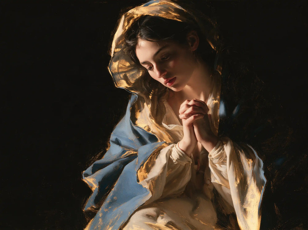 the Virgin Mary in prayer in Black and Gold style, landscape Christian artwork no. 5