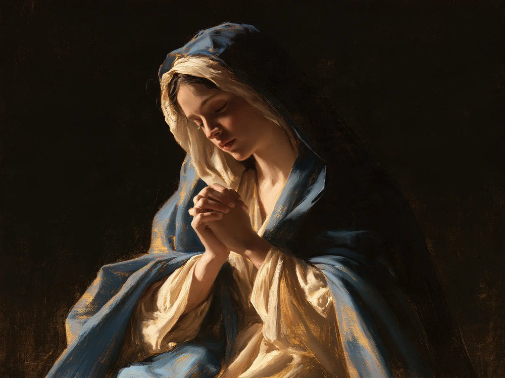 the Virgin Mary in prayer in Black and Gold style, landscape Christian artwork no. 6