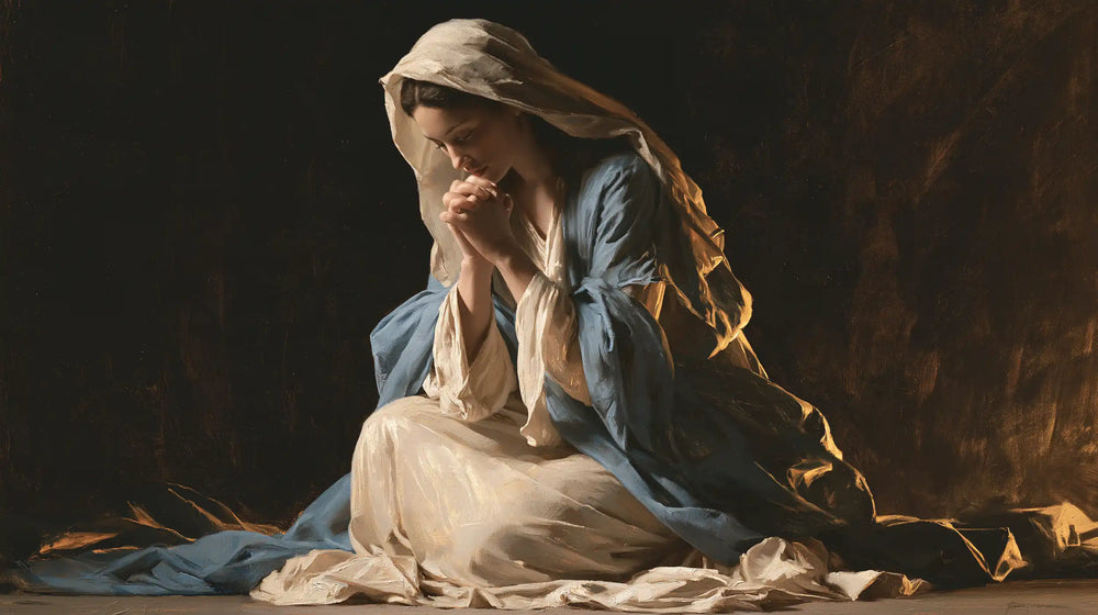 the Virgin Mary in prayer in Black and Gold style, landscape Christian artwork no. 7