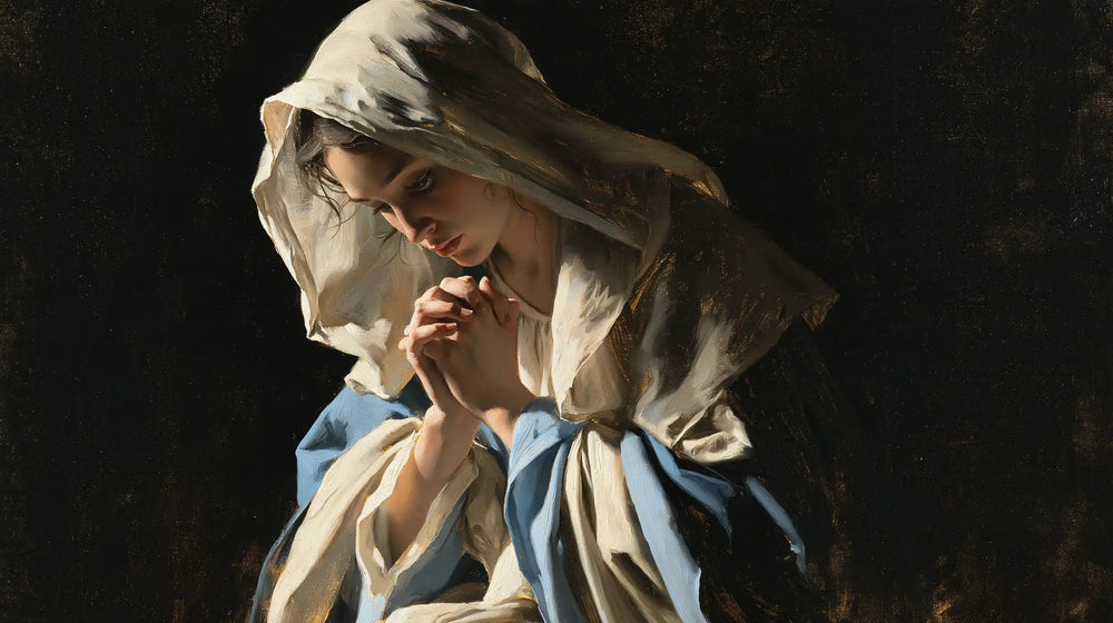 the Virgin Mary in prayer in Black and Gold style, landscape Christian artwork no. 13