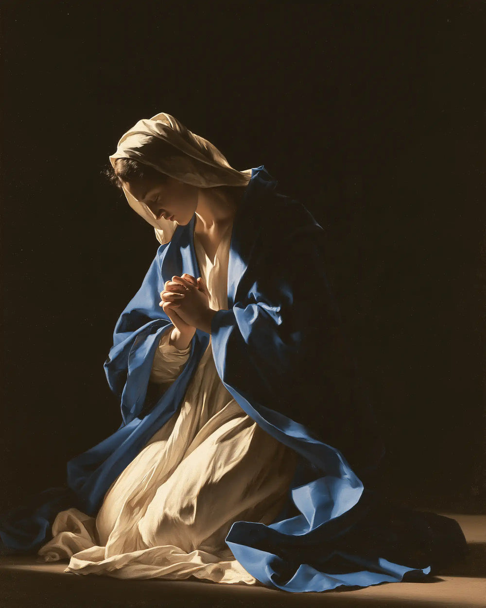 the Virgin Mary in prayer in Caravaggio Tenebrism style, portrait Christian artwork no. 26