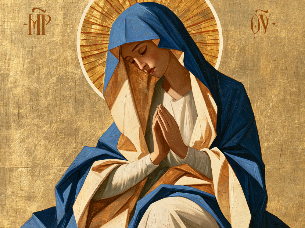 the Virgin Mary in prayer in Contemporary Byzantine style, landscape Christian artwork no. 6