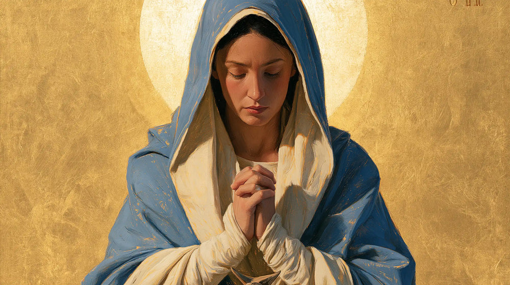 the Virgin Mary in prayer in Contemporary Byzantine style, landscape Christian artwork no. 20