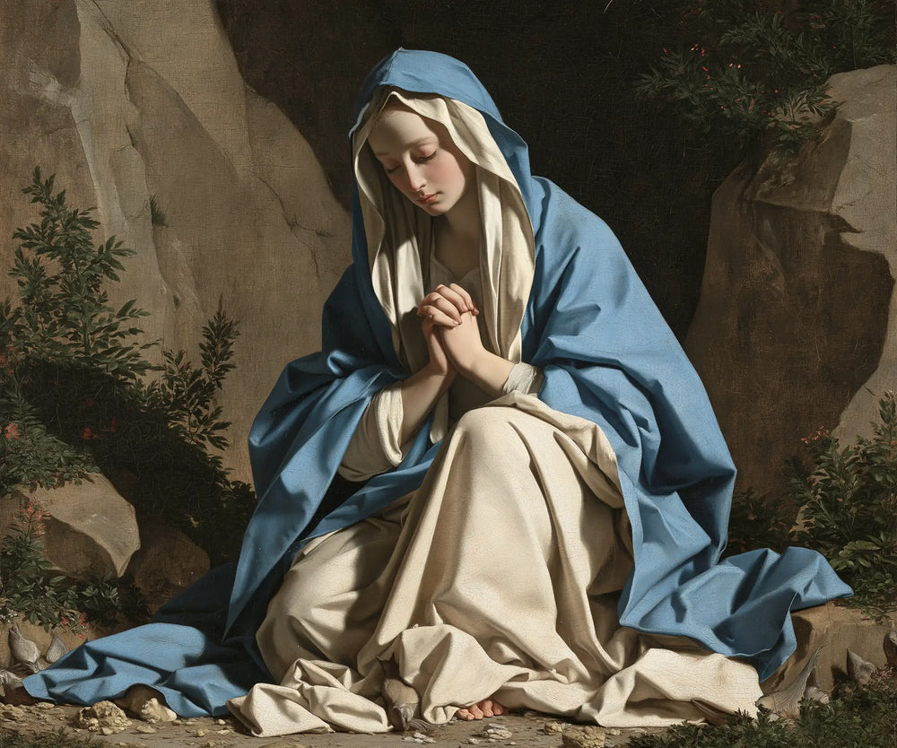 the Virgin Mary in prayer in Florentine Renaissance style, landscape Christian artwork no. 2