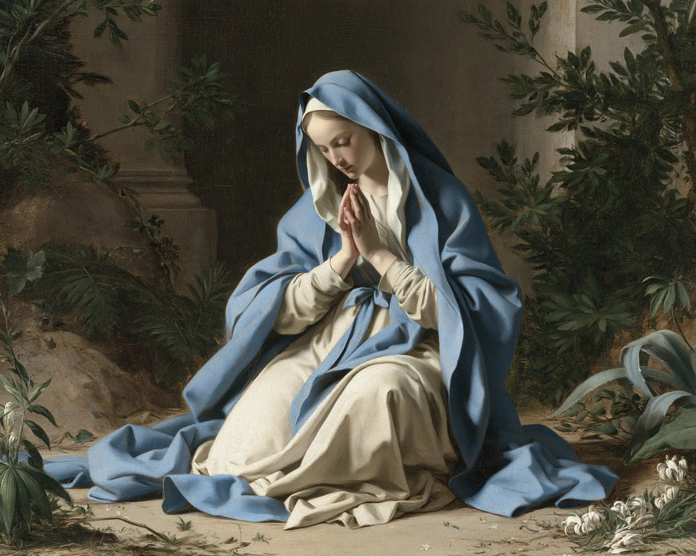 the Virgin Mary in prayer in Florentine Renaissance style, landscape Christian artwork no. 6
