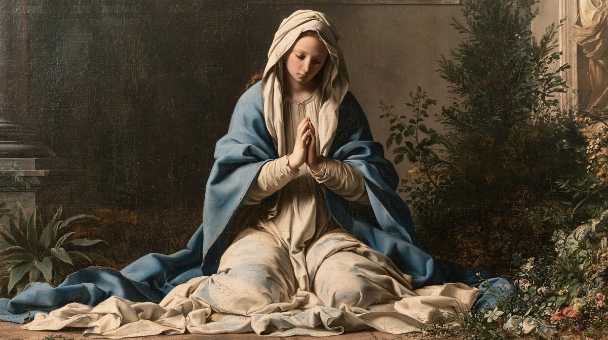 the Virgin Mary in prayer in Florentine Renaissance style, landscape Christian artwork no. 9