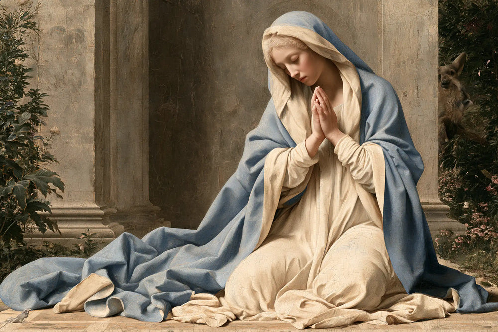 the Virgin Mary in prayer in Florentine Renaissance style, landscape Christian artwork no. 19