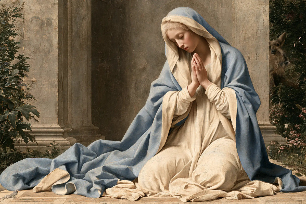 the Virgin Mary in prayer in Florentine Renaissance style, landscape Christian artwork no. 19