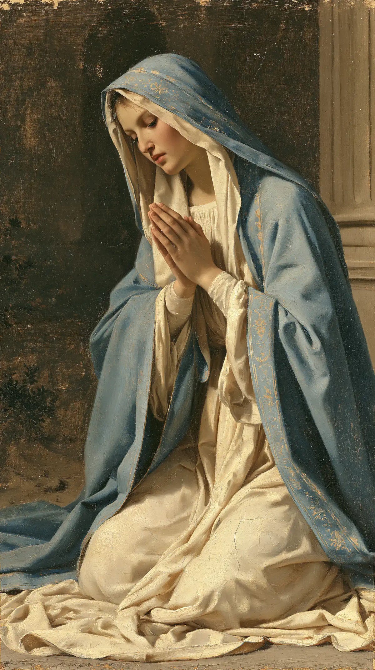 Virgin Mary in Prayer — Bowing beneath the Gold-Edged Veil