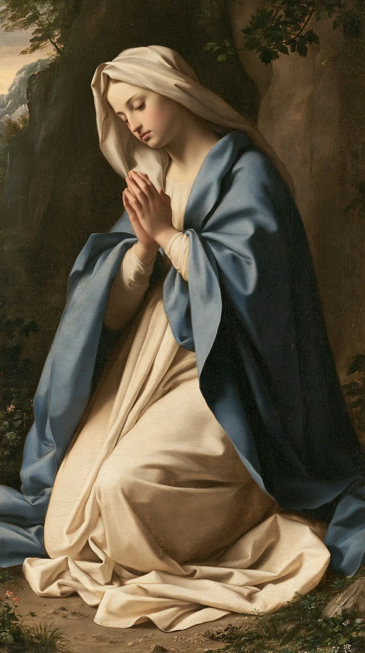 Virgin Mary in Prayer — Blue beneath the Overhanging Branch