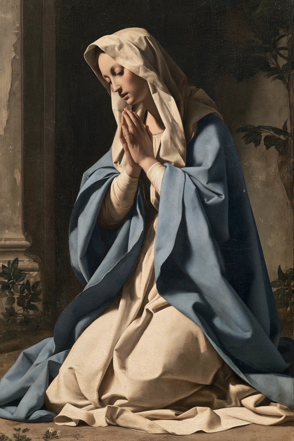 Virgin Mary in Prayer — The Beige Veil in the Peace of Stone