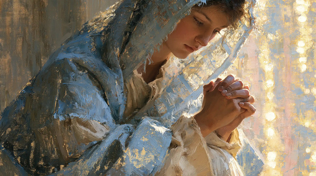 Virgin Mary in Prayer — Hands in the Curtain of Light