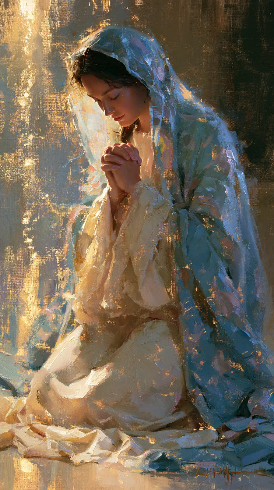 Virgin Mary in Prayer — The Cloak in the Golden Cascade