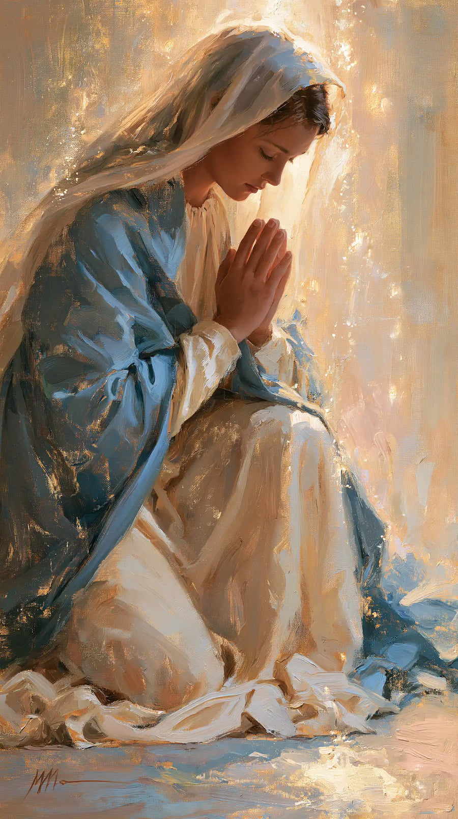 Virgin Mary in Prayer — The Profile in a Veil of Light