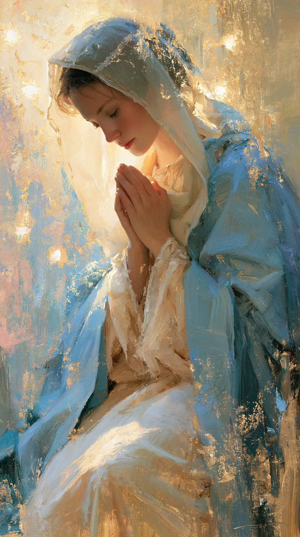 the Virgin Mary in prayer in Impressionist style, portrait Christian artwork no. 16