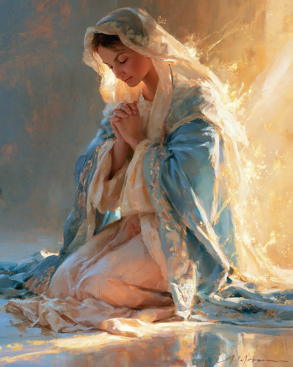 the Virgin Mary in prayer in Impressionist style, portrait Christian artwork no. 19