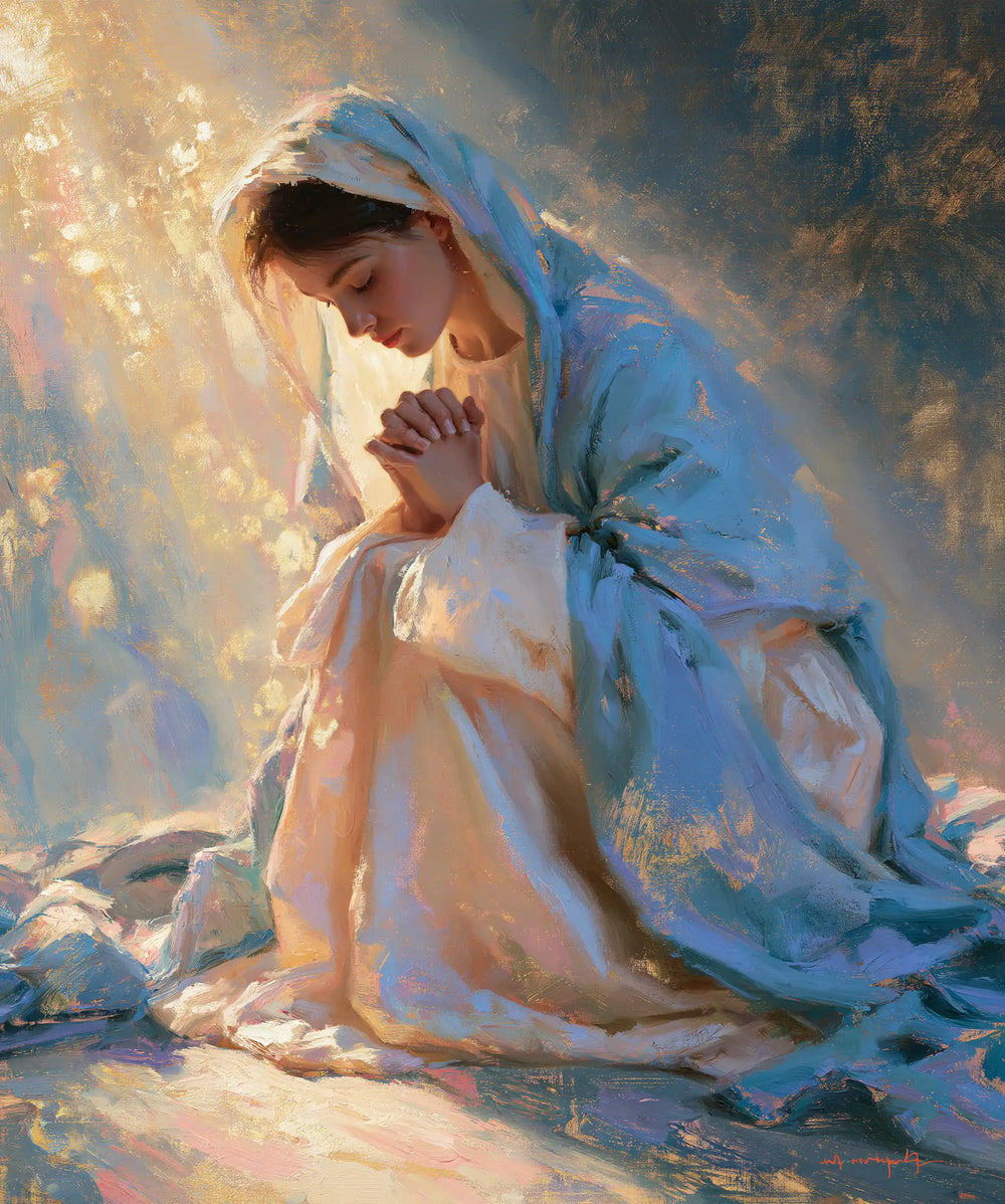 the Virgin Mary in prayer in Impressionist style, portrait Christian artwork no. 23