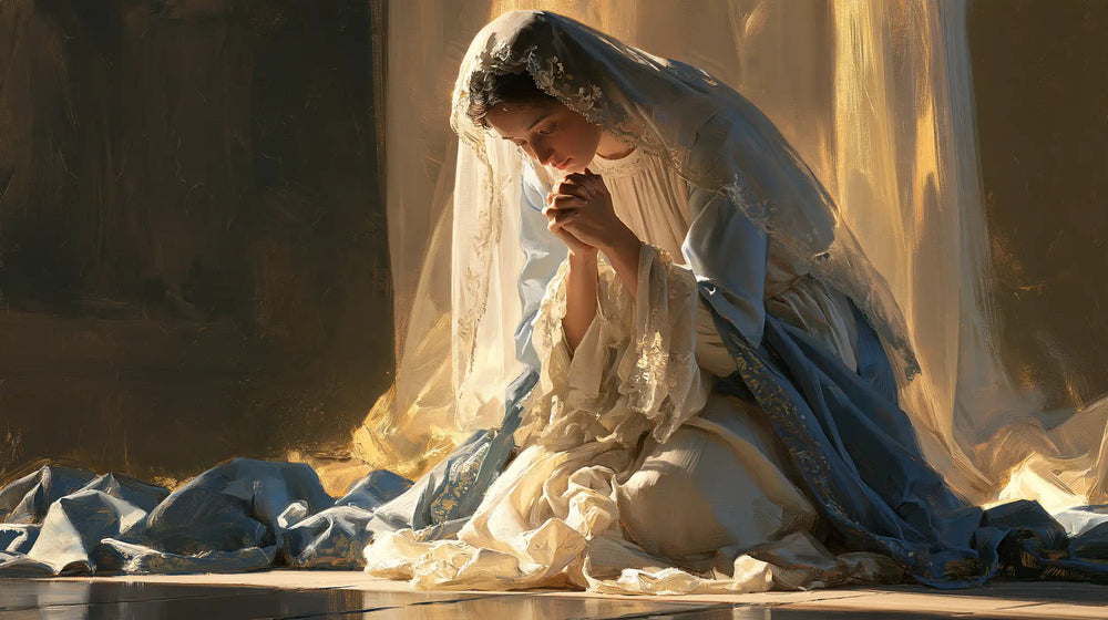 the Virgin Mary praying in a biblical-era interior in Mary in a Biblical Interior style, landscape Christian artwork no. 6