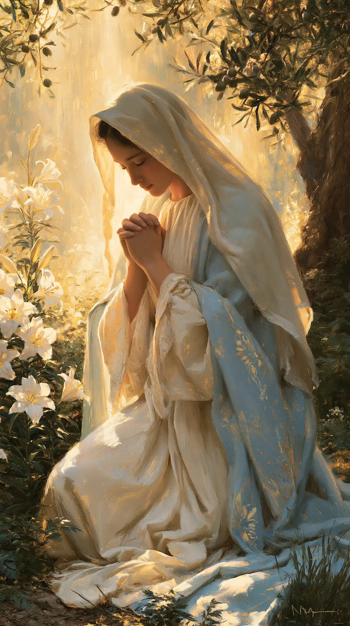 Virgin Mary in Prayer — Light between the White Flowers