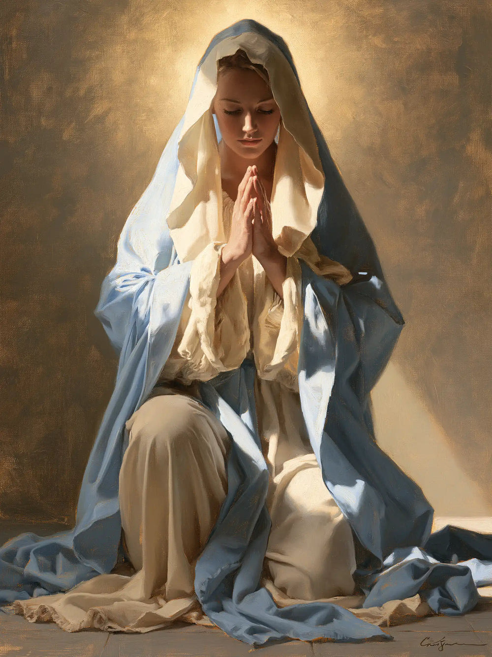 the Virgin Mary praying in a biblical-era interior in Mary in a Biblical Interior style, portrait Christian artwork no. 21