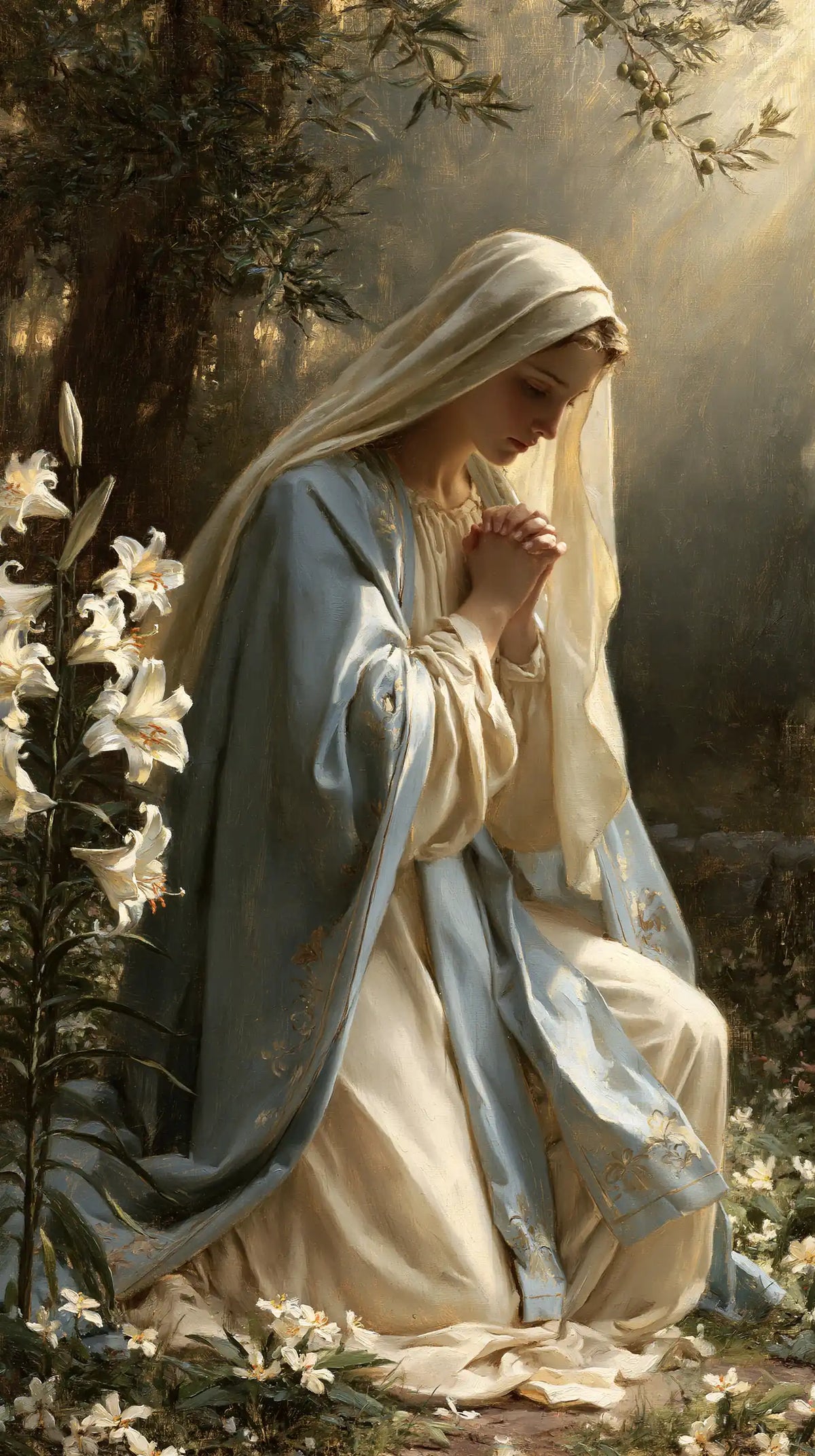 the Virgin Mary praying in a sacred garden in Mary in a Sacred Garden style, portrait Christian artwork no. 6