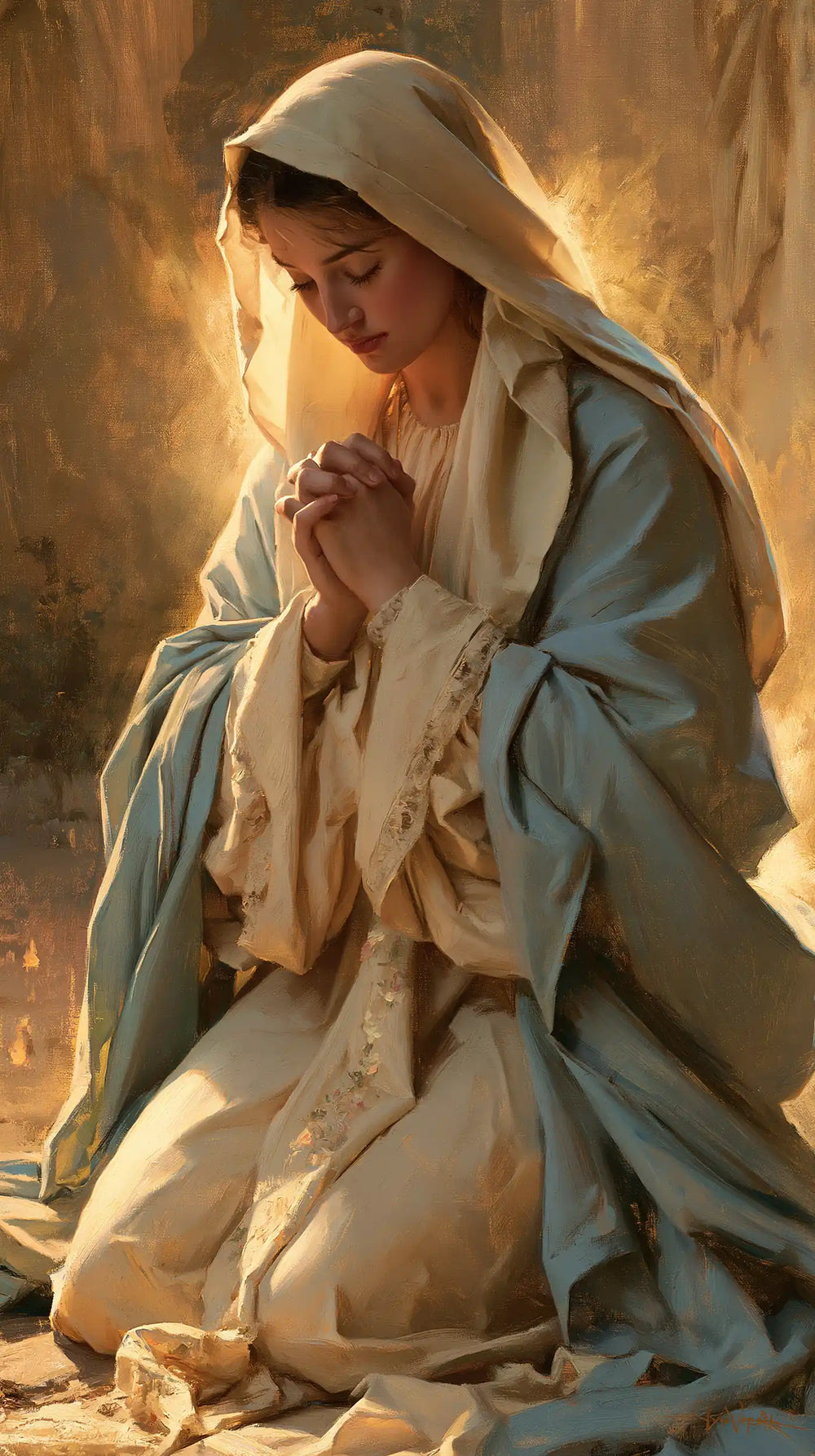 the Virgin Mary illuminated during prayer in Mary in Divine Light style, portrait Christian artwork no. 5