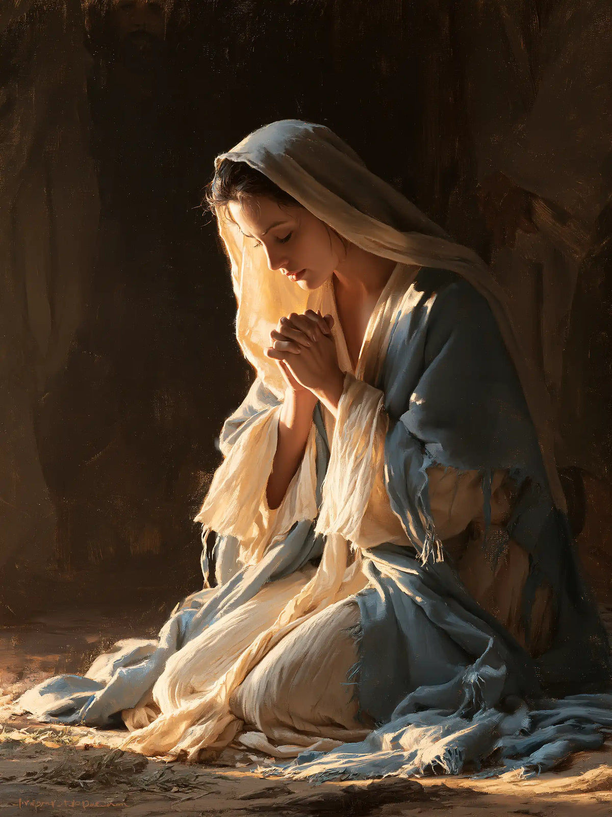 Virgin Mary in Prayer — Lit Linen in Blue Shadow