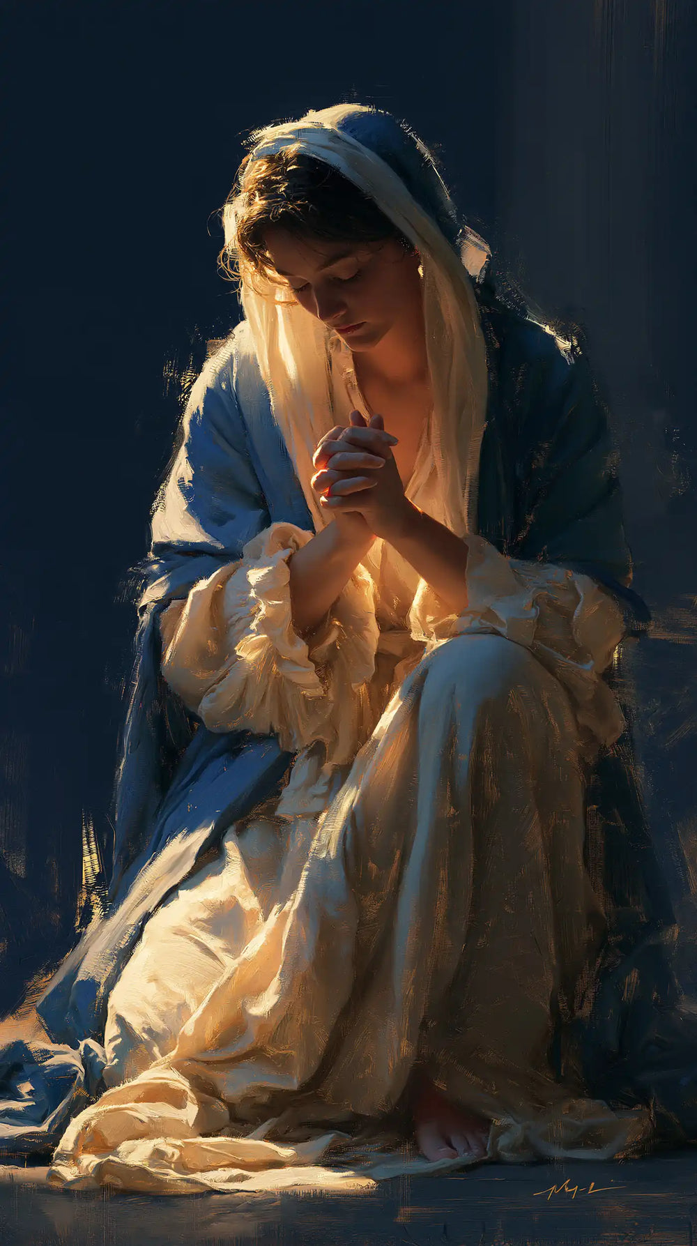 the Virgin Mary in prayer in Midnight Blue Chiaroscuro style, portrait Christian artwork no. 1