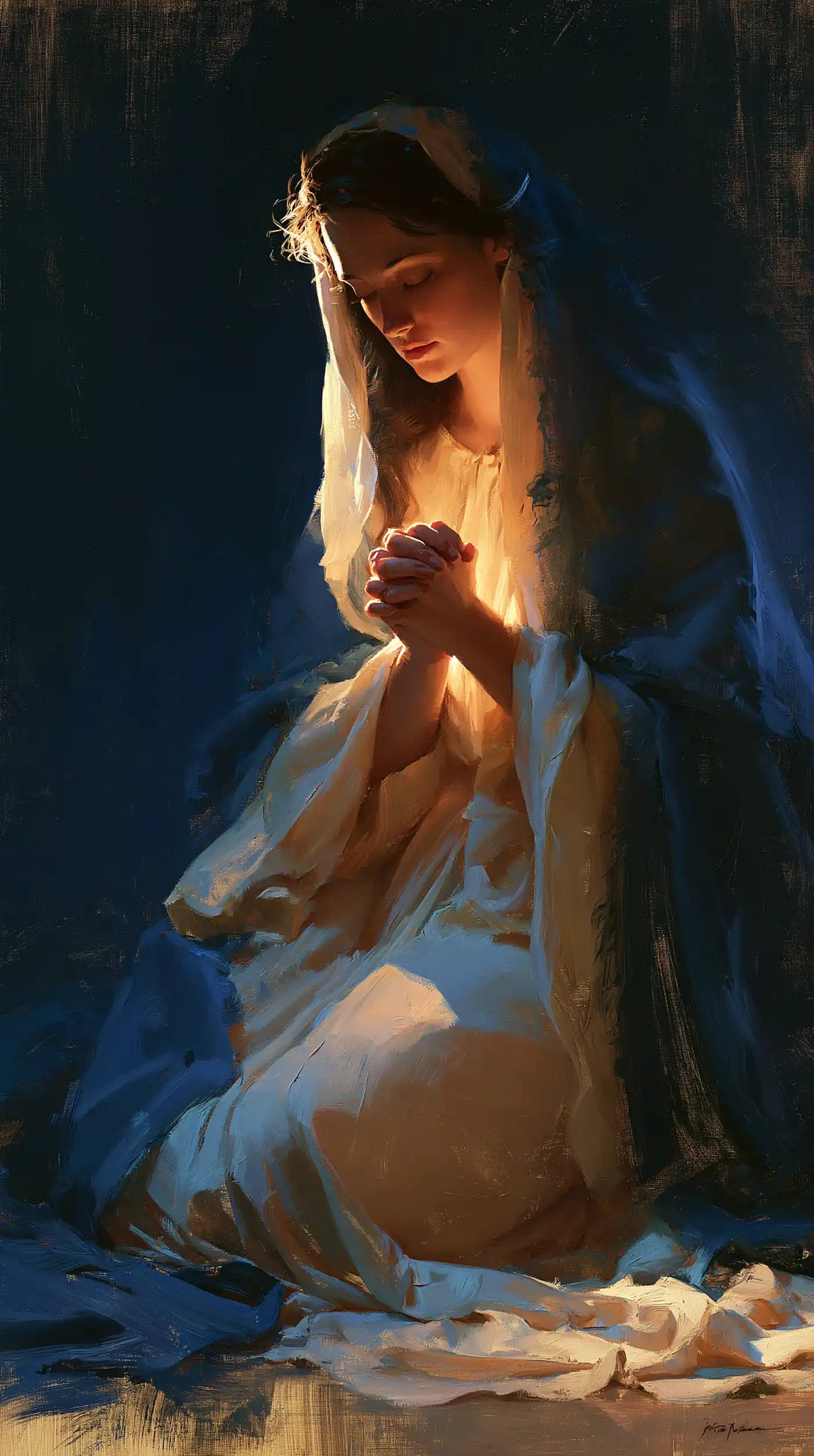 the Virgin Mary in prayer in Midnight Blue Chiaroscuro style, portrait Christian artwork no. 2