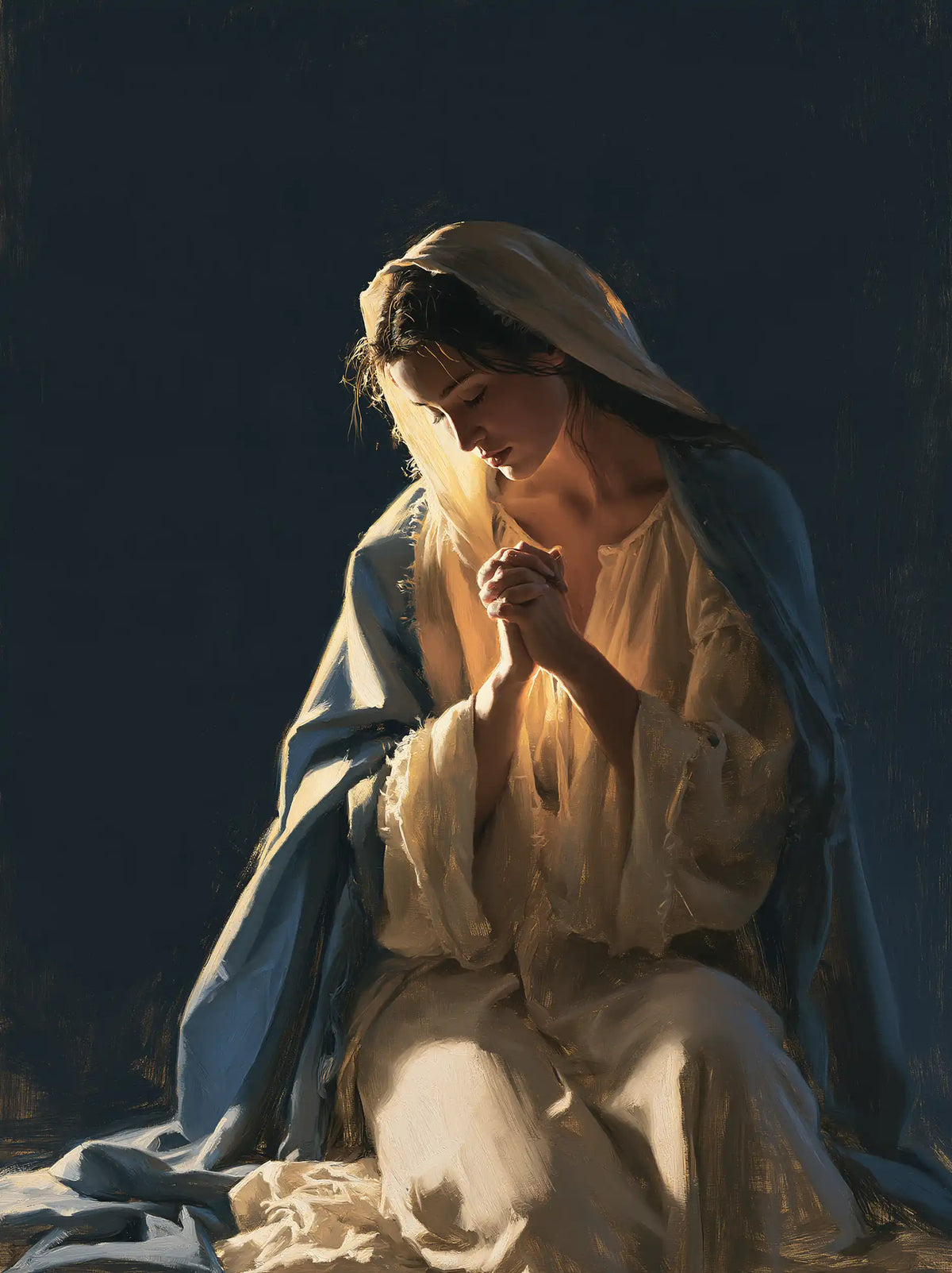 Virgin Mary in Prayer — Lit Hands in the Quiet Night