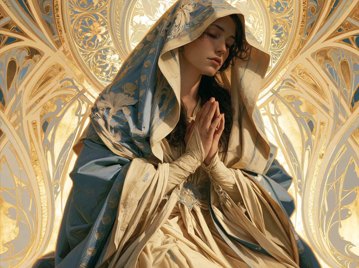 the Virgin Mary in prayer in Sacred Art Nouveau style, landscape Christian artwork no. 8