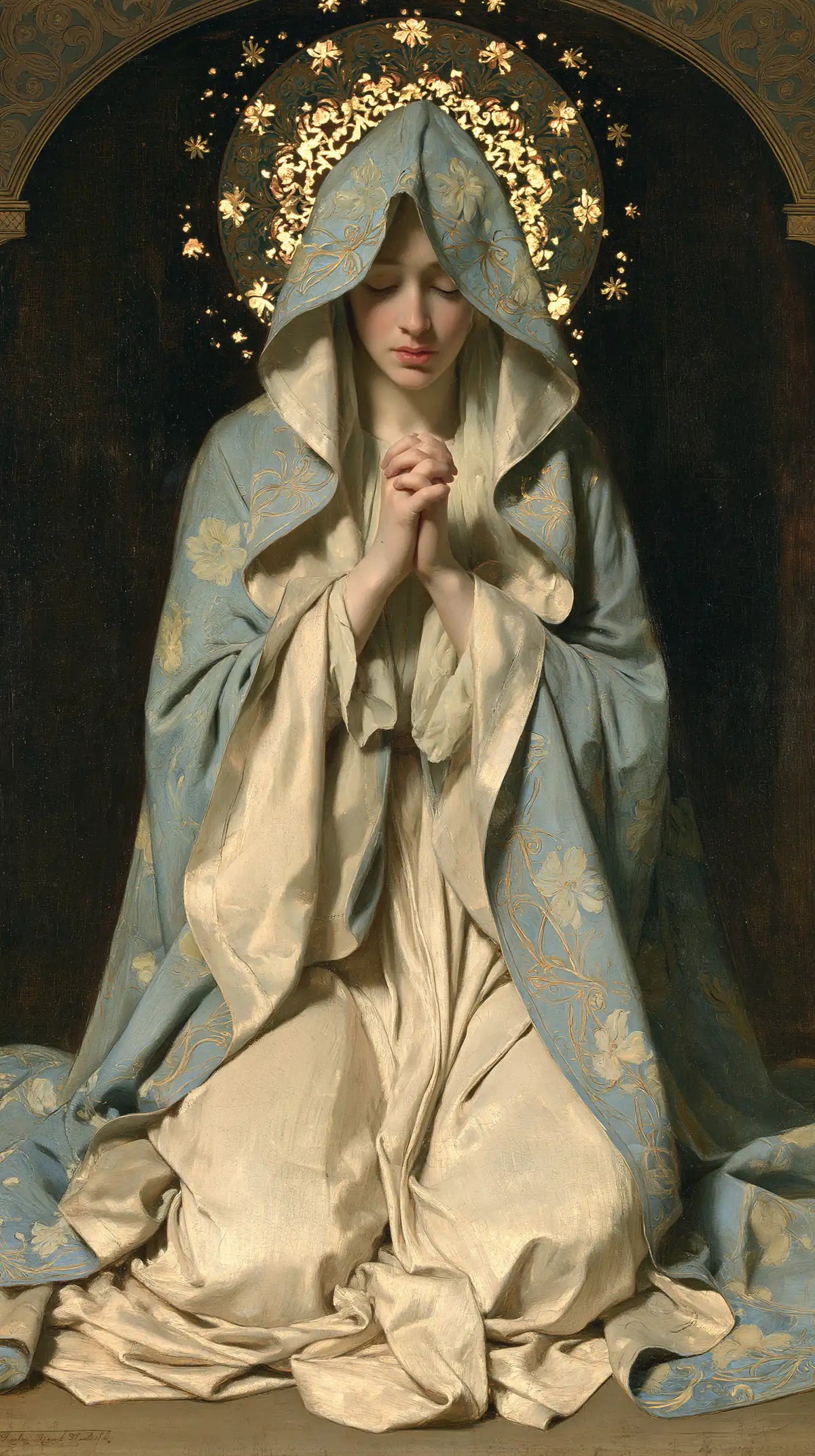 the Virgin Mary in prayer in Sacred Art Nouveau style, portrait Christian artwork no. 22