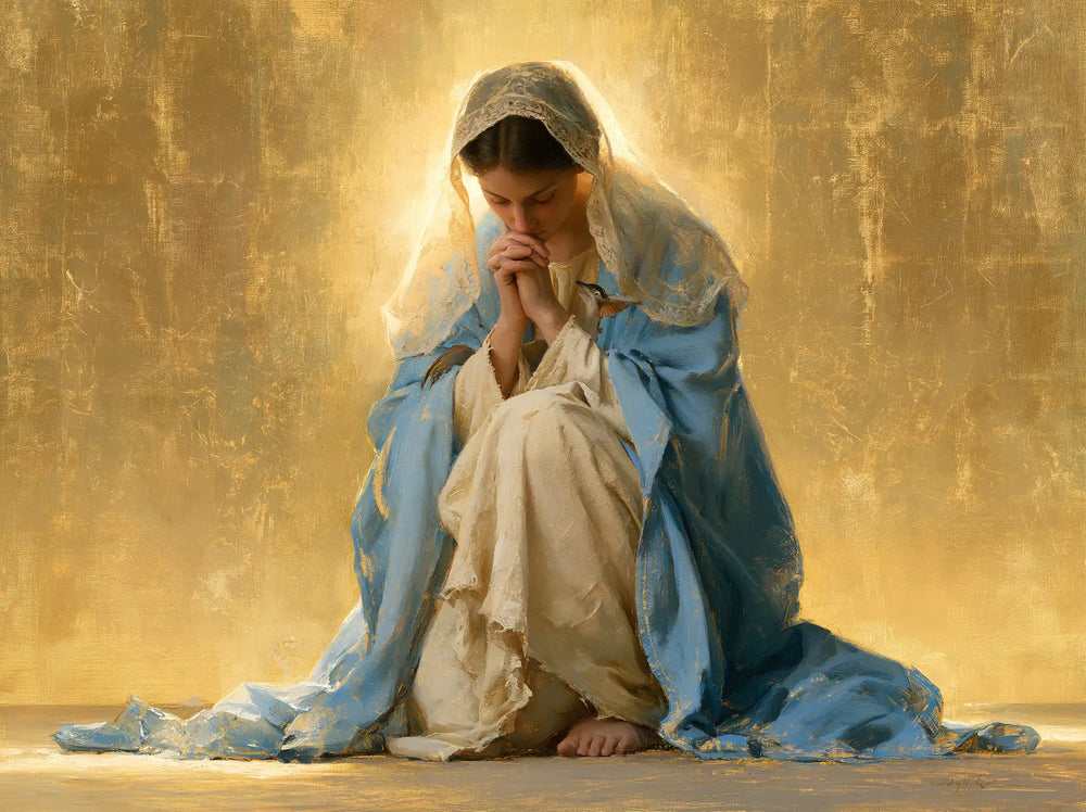 the Virgin Mary in prayer in Sacred Gold style, landscape Christian artwork no. 13